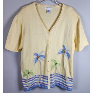 Alfred‎ Dunner Yellow Palm Tree Embroidered Cardigan Sweater Size 2X Beach Coast